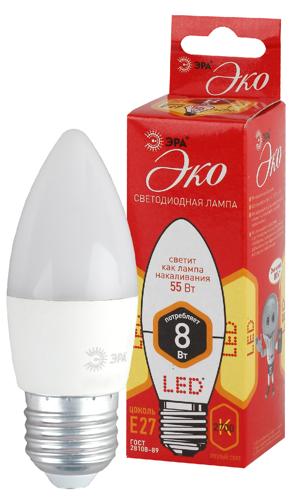 Лампа светодиодная ЭРА RED LINE ECO LED B35-8W-827-E27 8Вт свеча теплый белый свет Е27