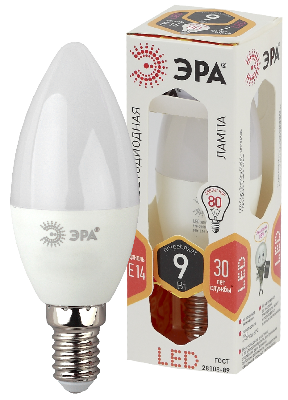 Лампа светодиодная ЭРА STD LED B35-9W-827-E14 9Вт свеча теплый белый свет Е14