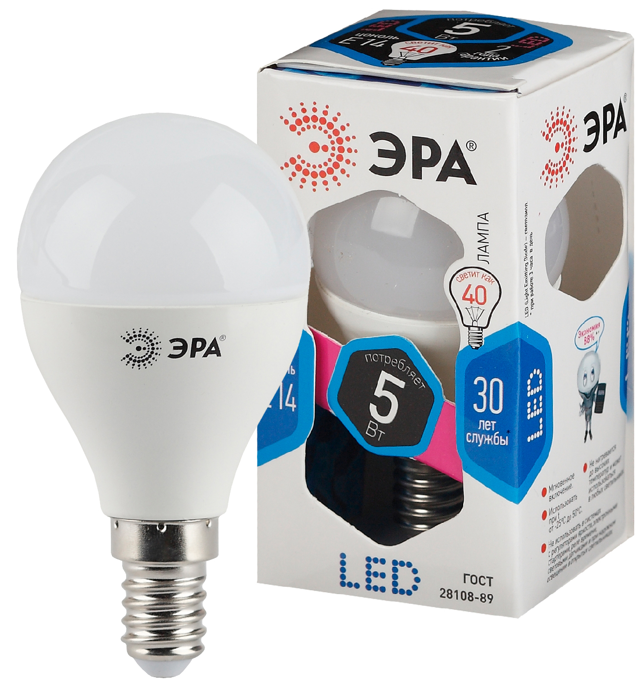 Лампа светодиодная ЭРА STD LED P45-5W-840-E14 5Вт шар нейтральный белый свет Е14