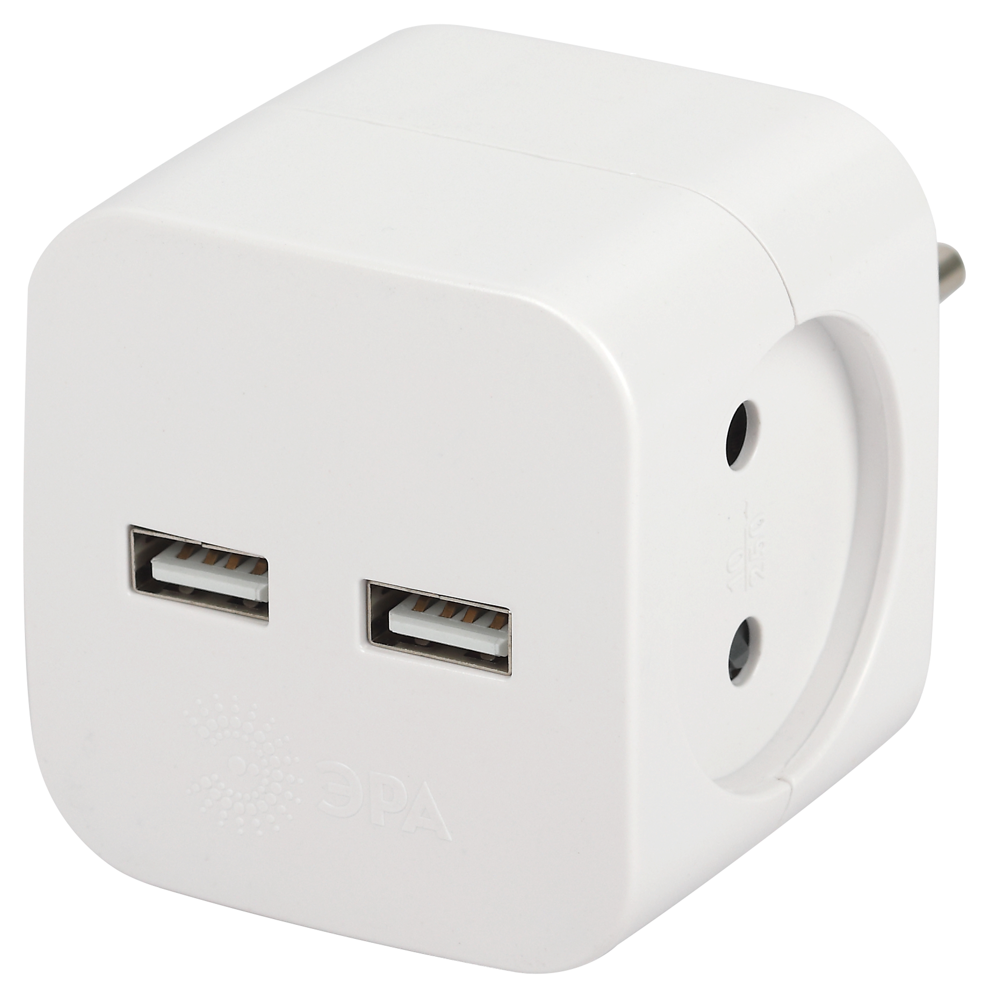 Разветвитель электрический ЭРА SP-2-USB-W на 2 розетки + 2xUSB 2400mA без заземления 10А белый