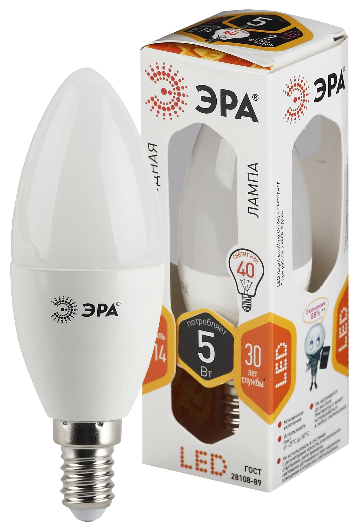 Лампа светодиодная ЭРА STD LED B35-5W-827-E14 5Вт свеча теплый белый свет Е14