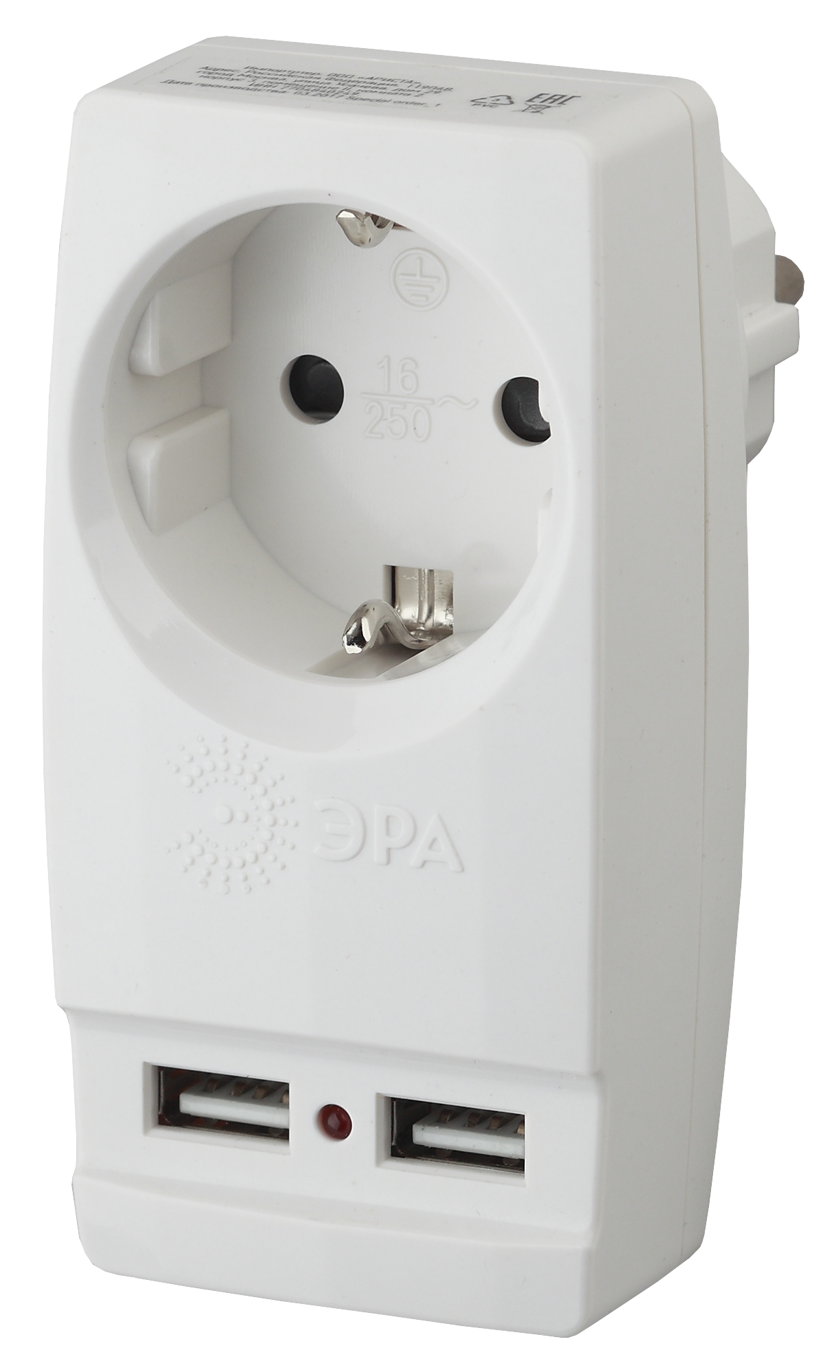 Разветвитель электрический ЭРА SP-1e-USB-W на 1 розетку + 2 USB с заземлением 16А белый