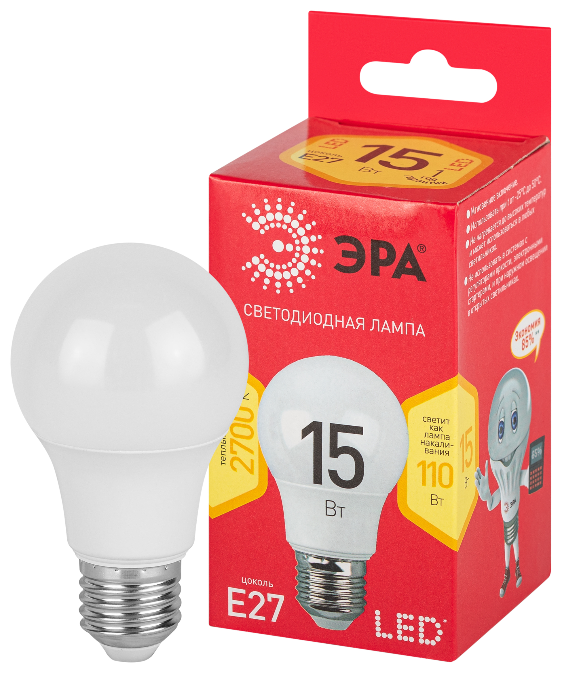 Лампа светодиодная ЭРА RED LINE LED A60-15W-827-E27 R 15Вт груша теплый белый свет Е27