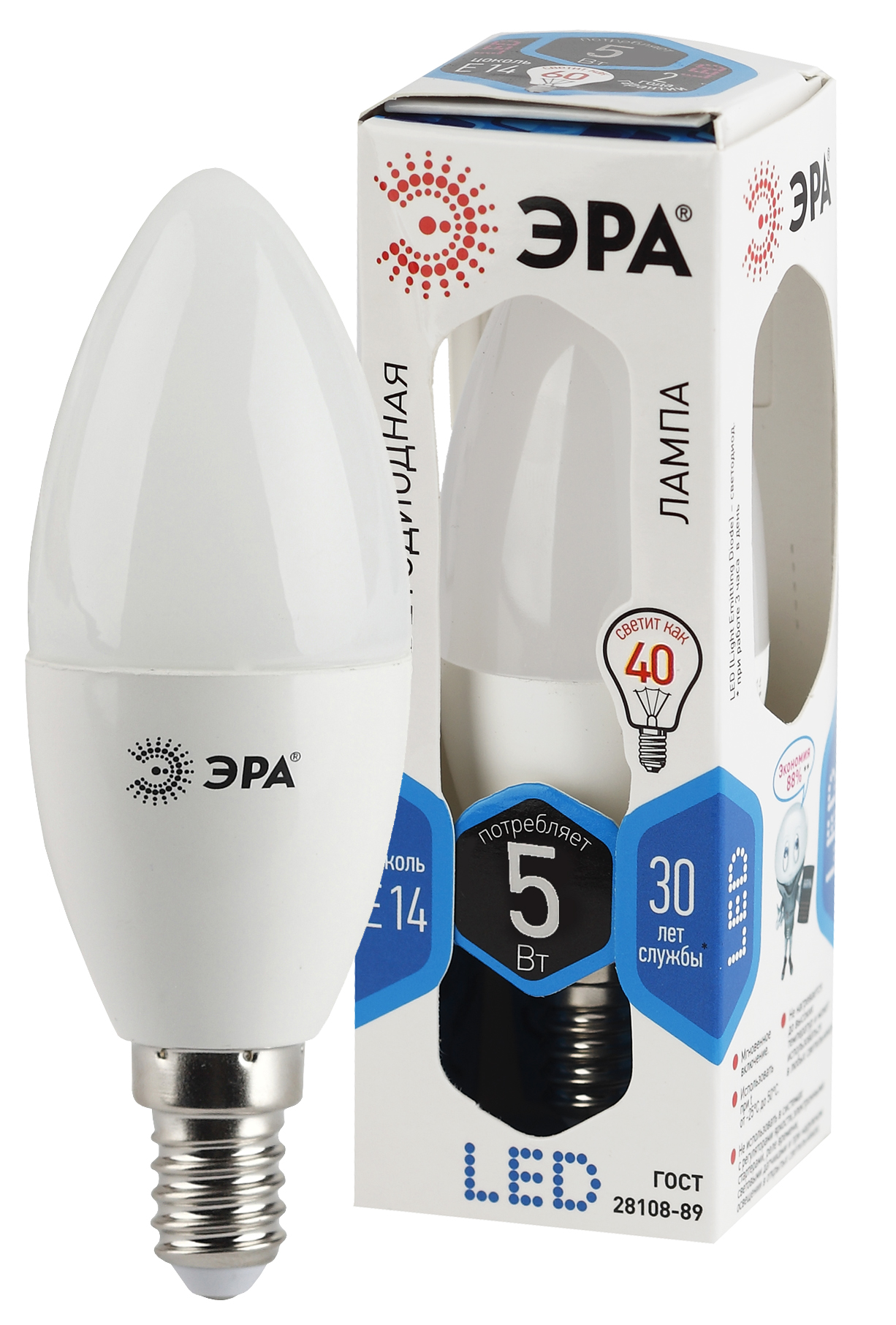 Лампа светодиодная ЭРА STD LED B35-5W-840-E14 5Вт свеча нейтральный белый свет Е14