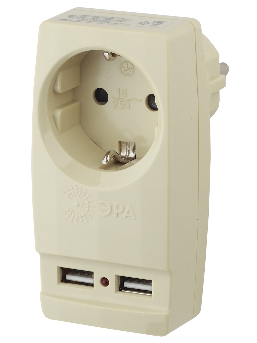 Разветвитель электрический ЭРА SP-1e-USB-I на 1 розетку + 2 USB с заземлением 16А сл. кость
