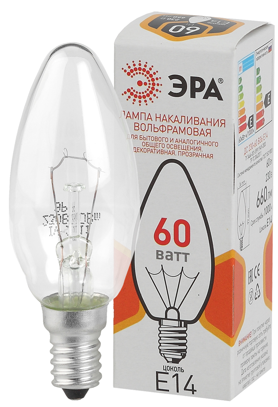 Лампа накаливания ЭРА ДС 230-60-E14-К 60Вт 230В свечка прозрачная цветная упаковка E14