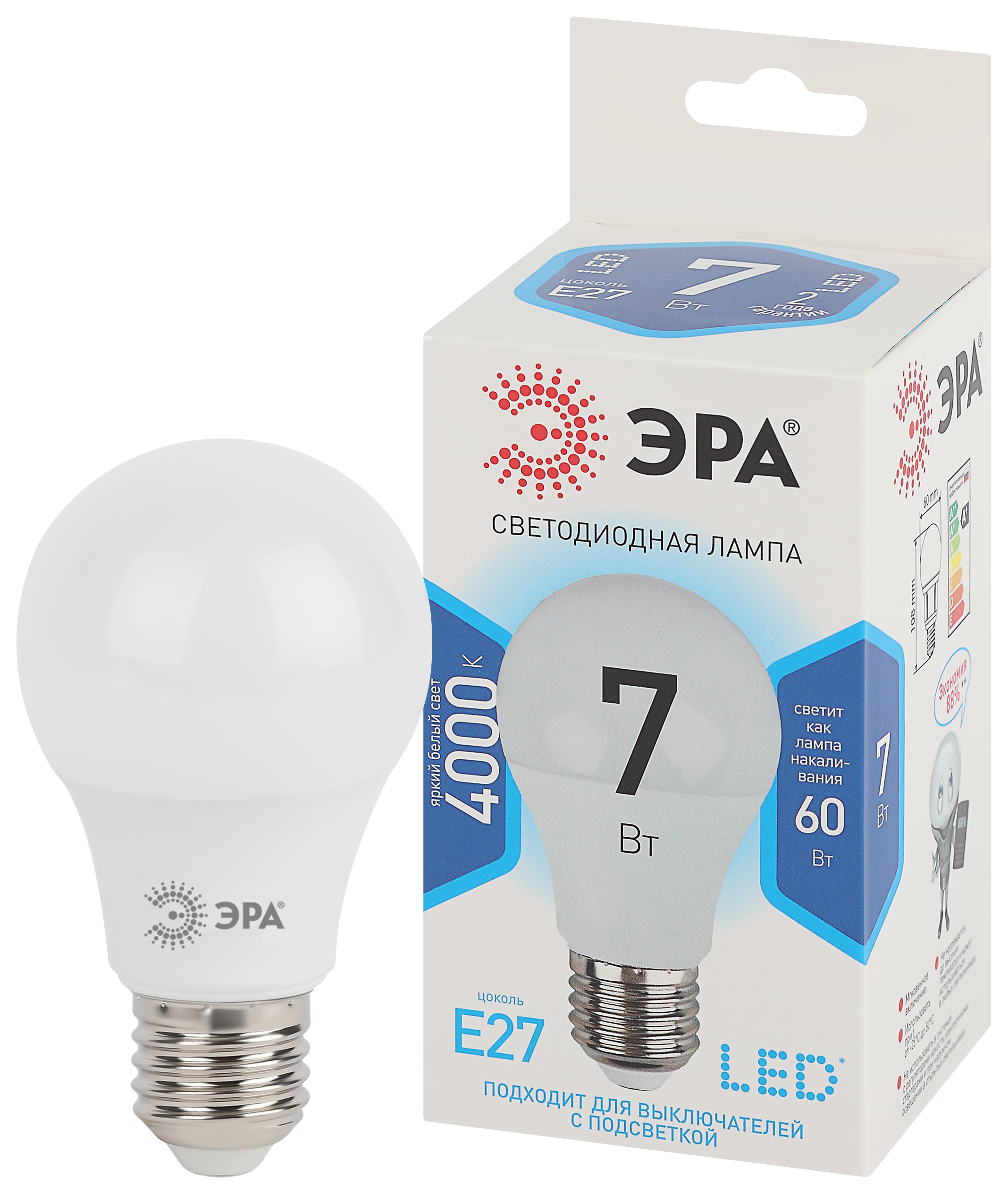 Лампа светодиодная ЭРА STD LED A60-7W-840-E27 7Вт груша нейтральный белый свет Е27