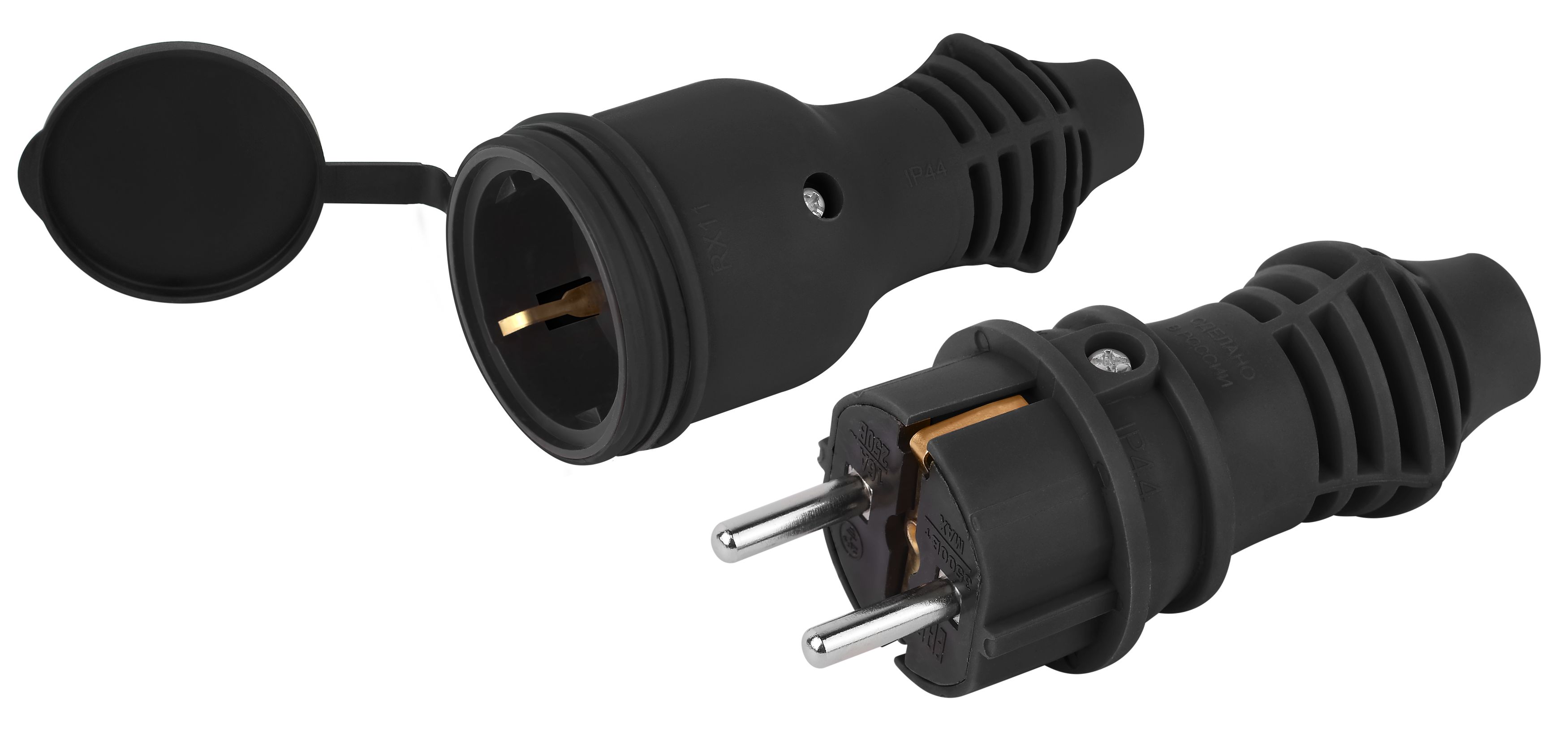 Набор вилка+розетка ЭРА VX13-B-IP44 + RX11-B-IP44 каучуковые c заземлением 16А IP44 прямые черные