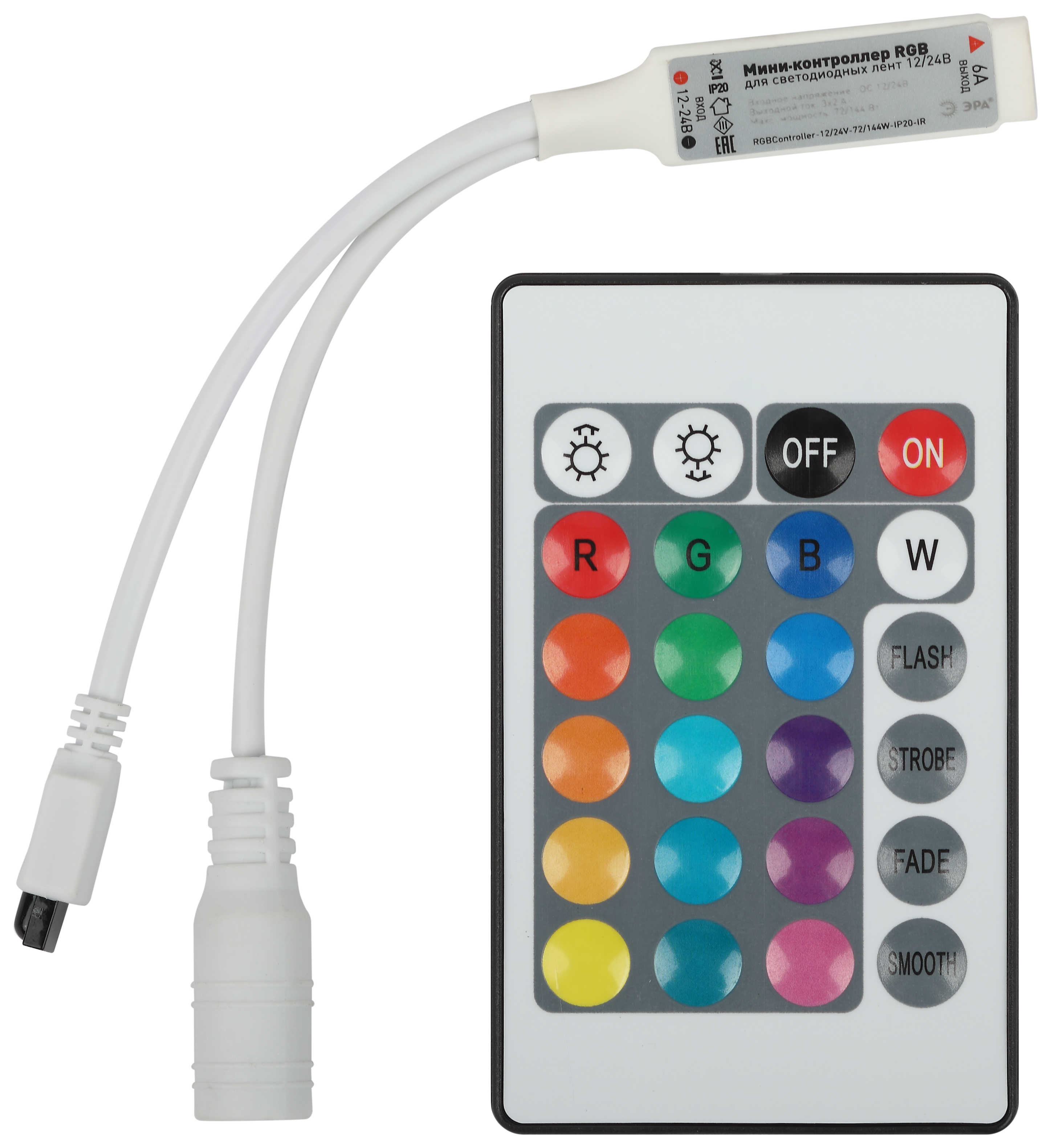 Контроллер ЭРА RGBController-12/24V-72/144W-IP20-IR мини для светодиодной ленты с ИК пультом
