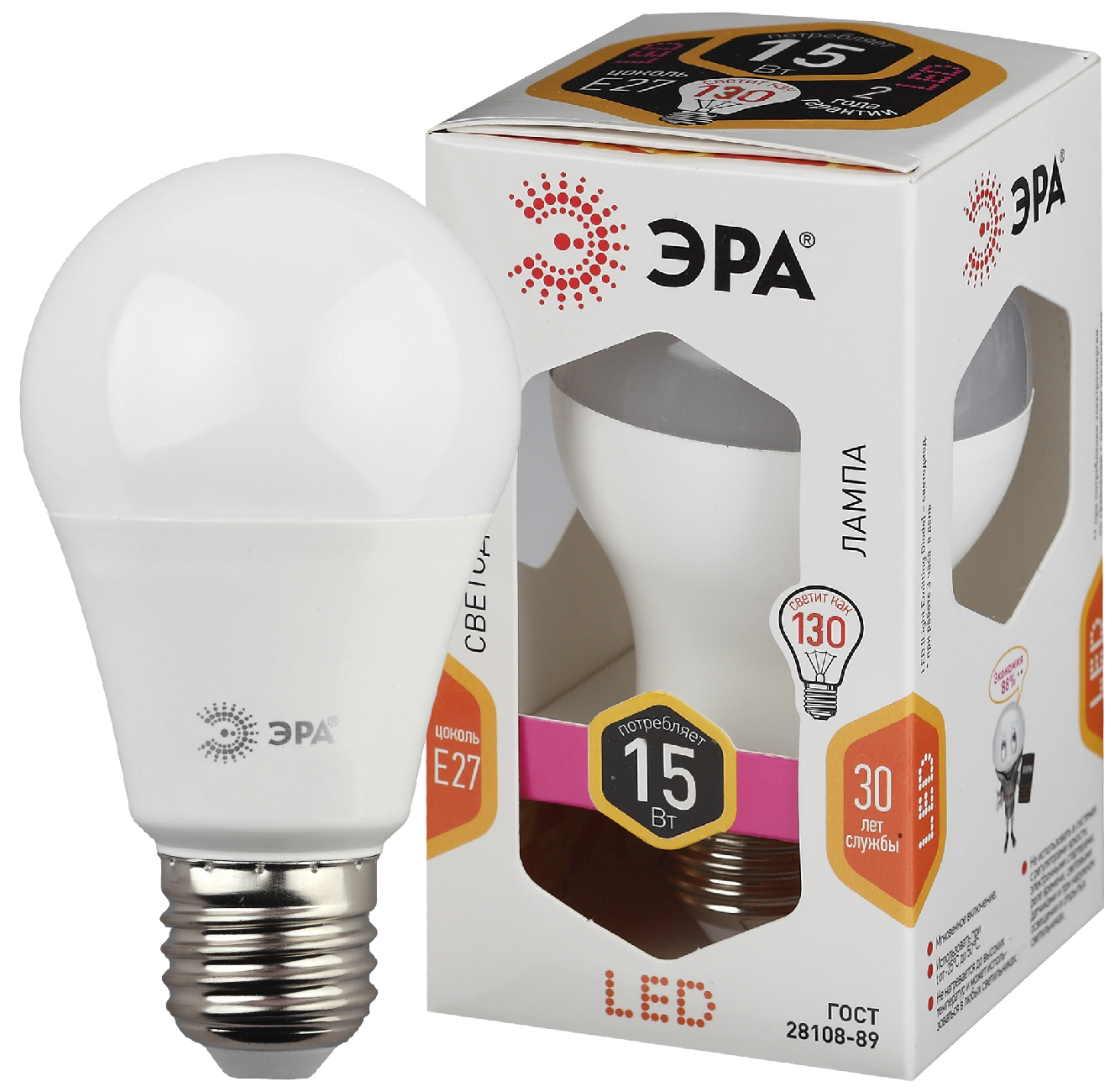 Лампа светодиодная ЭРА STD LED A60-15W-827-E27 15Вт груша теплый белый свет Е27