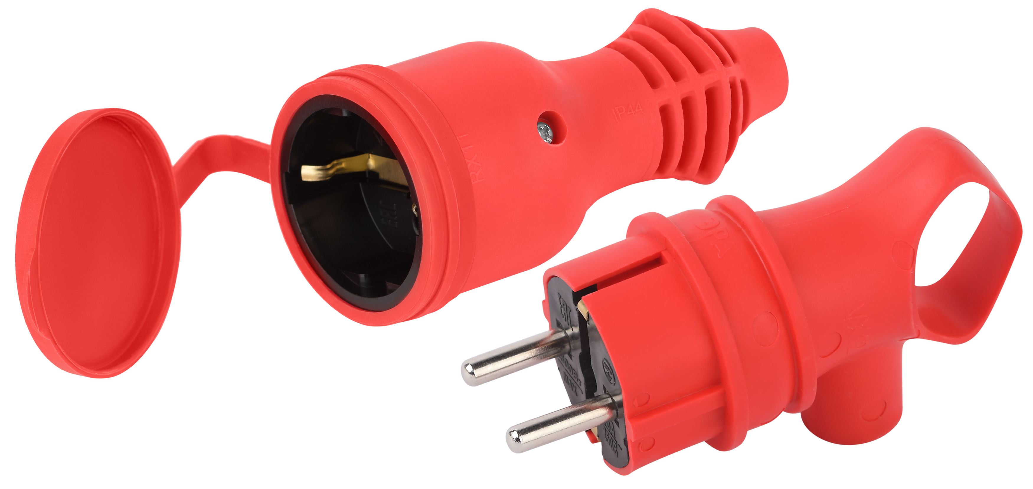 Набор вилка+розетка ЭРА VX12-R-IP44 + RX11-R-IP44 каучуковые c заземлением 16А IP44 с кольцом угловая красная