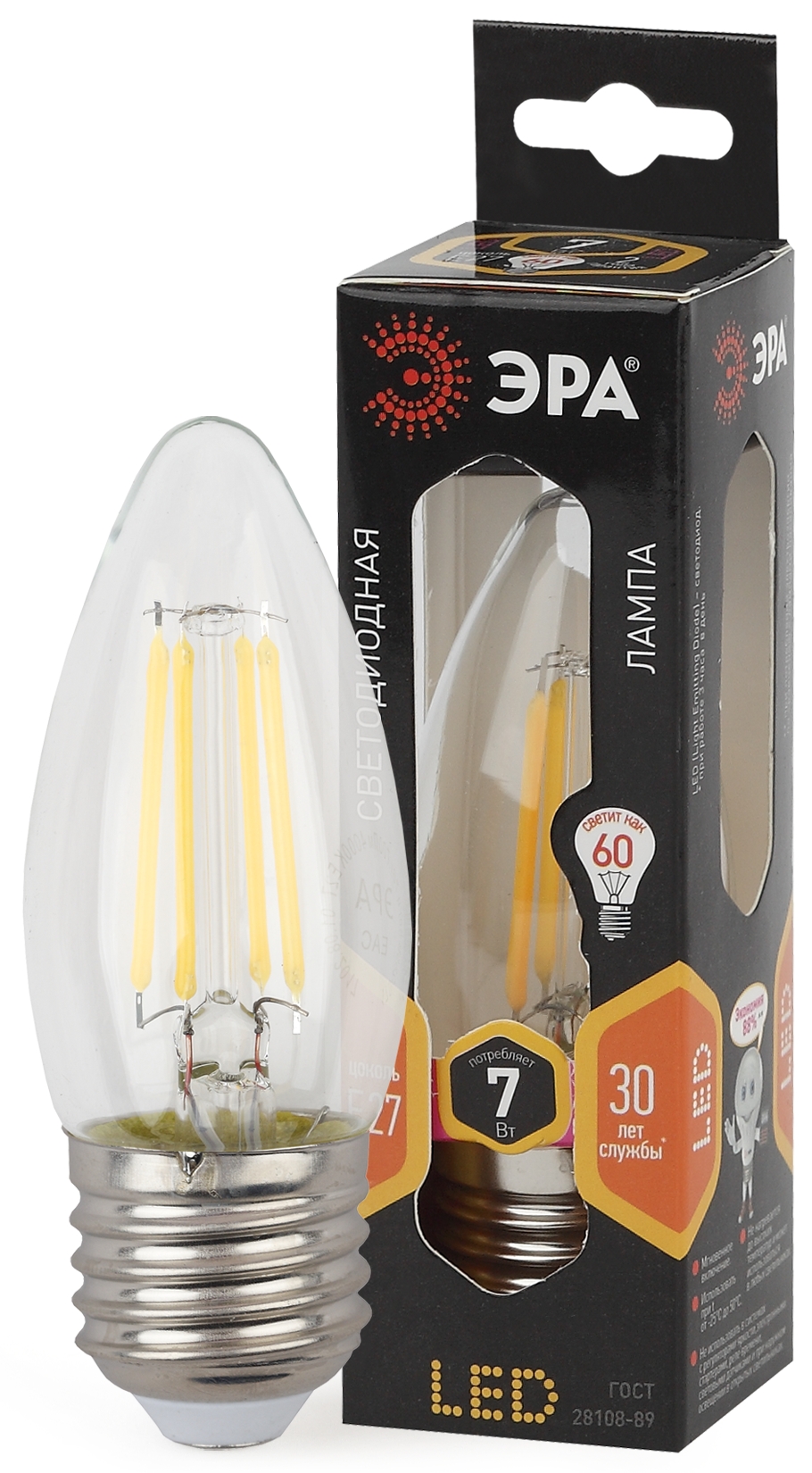 Лампа светодиодная ЭРА F-LED B35-7W-827-E27 7Вт филамент свеча теплый белый свет Е27