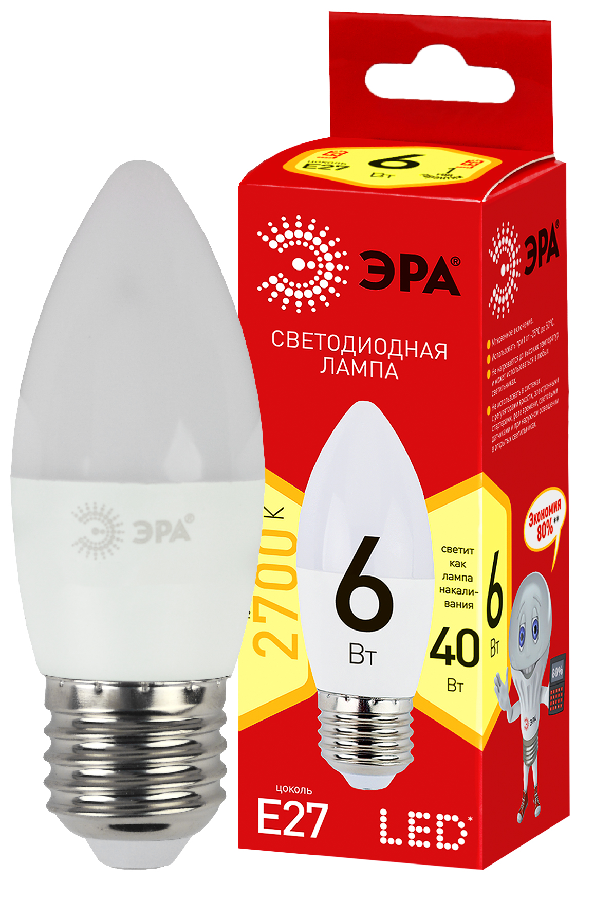 Лампа светодиодная ЭРА RED LINE ECO LED B35-6W-827-E27 6Вт свеча теплый белый свет Е27