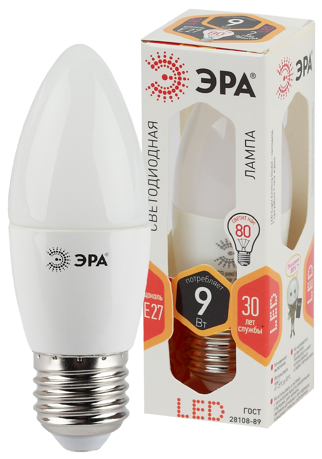 Лампа светодиодная ЭРА STD LED B35-9W-827-E27 9Вт свеча теплый белый свет Е27