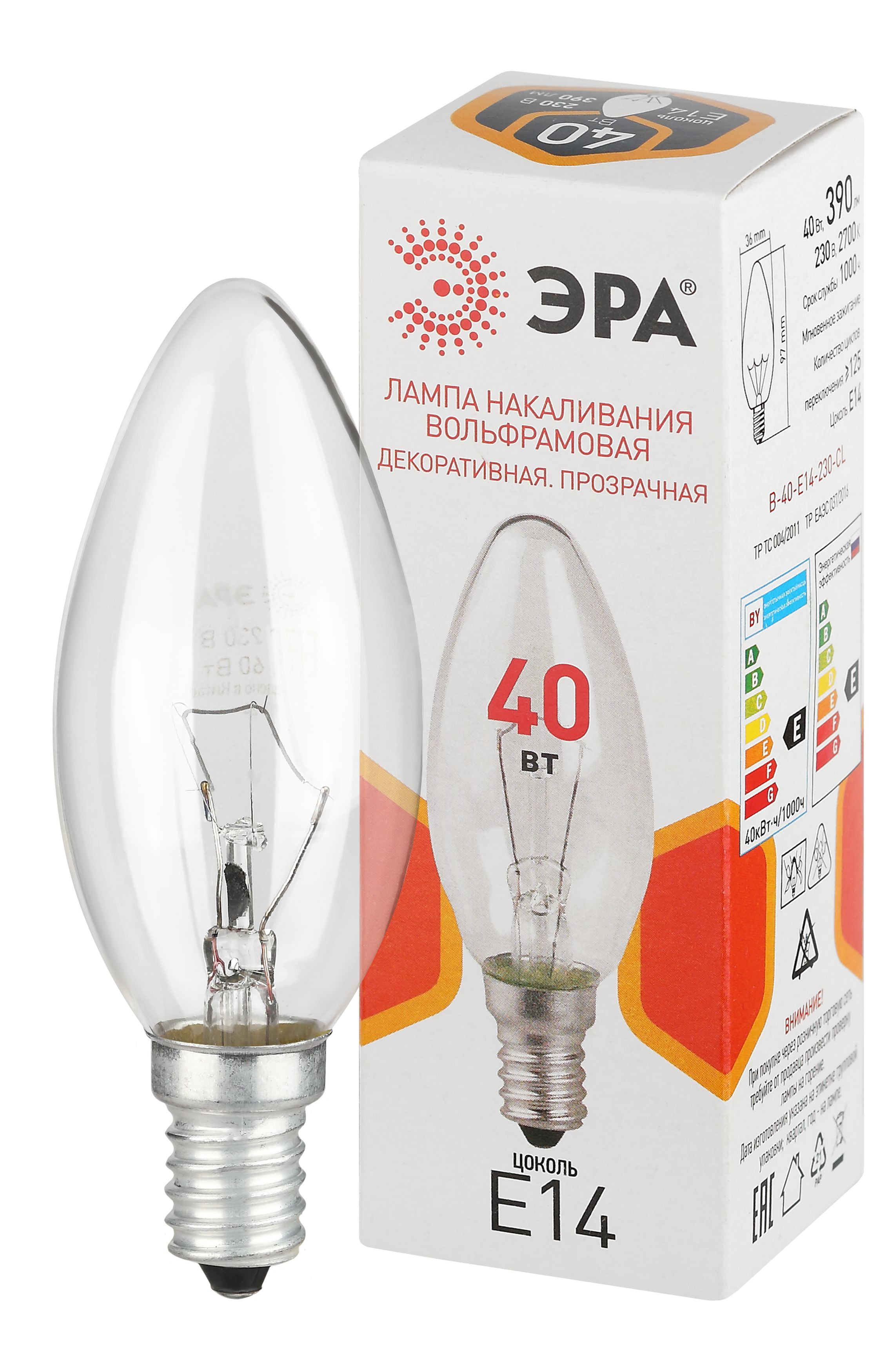 Лампа накаливания ЭРА B-40-E14-230-CL 40Вт 230В свеча прозрачная цветная коробка Е14