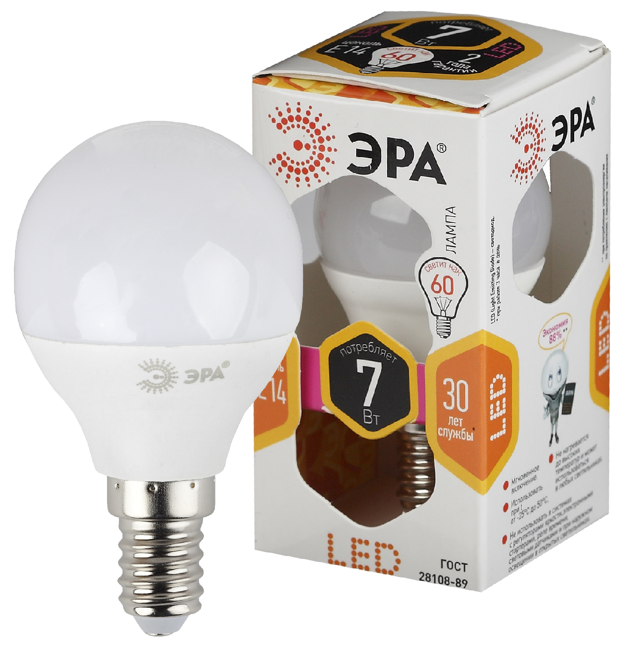 Лампа светодиодная ЭРА STD LED P45-7W-827-E14 7Вт шар теплый белый свет Е14