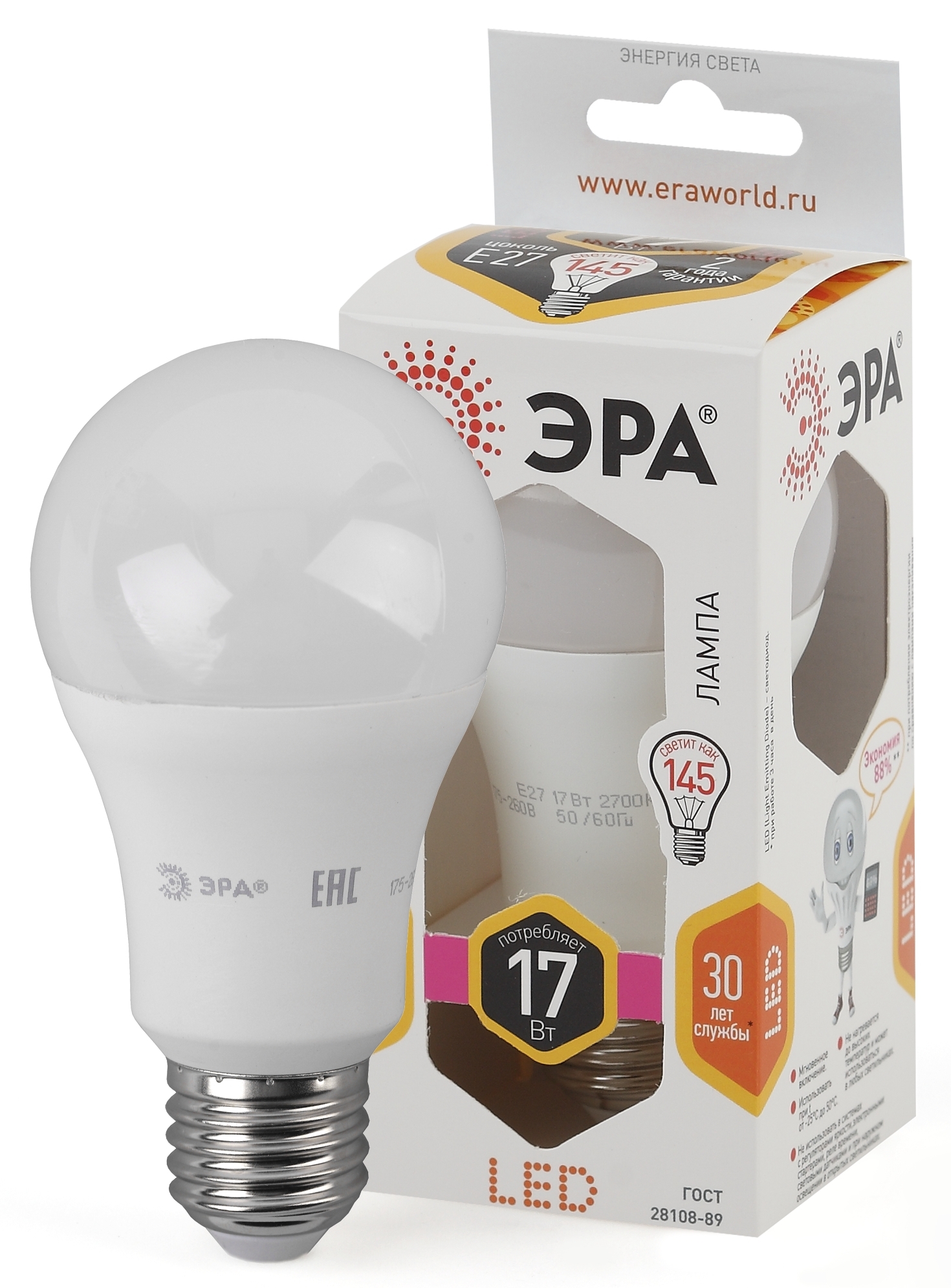 Лампа светодиодная ЭРА STD LED A60-17W-827-E27 17Вт груша теплый белый свет Е27