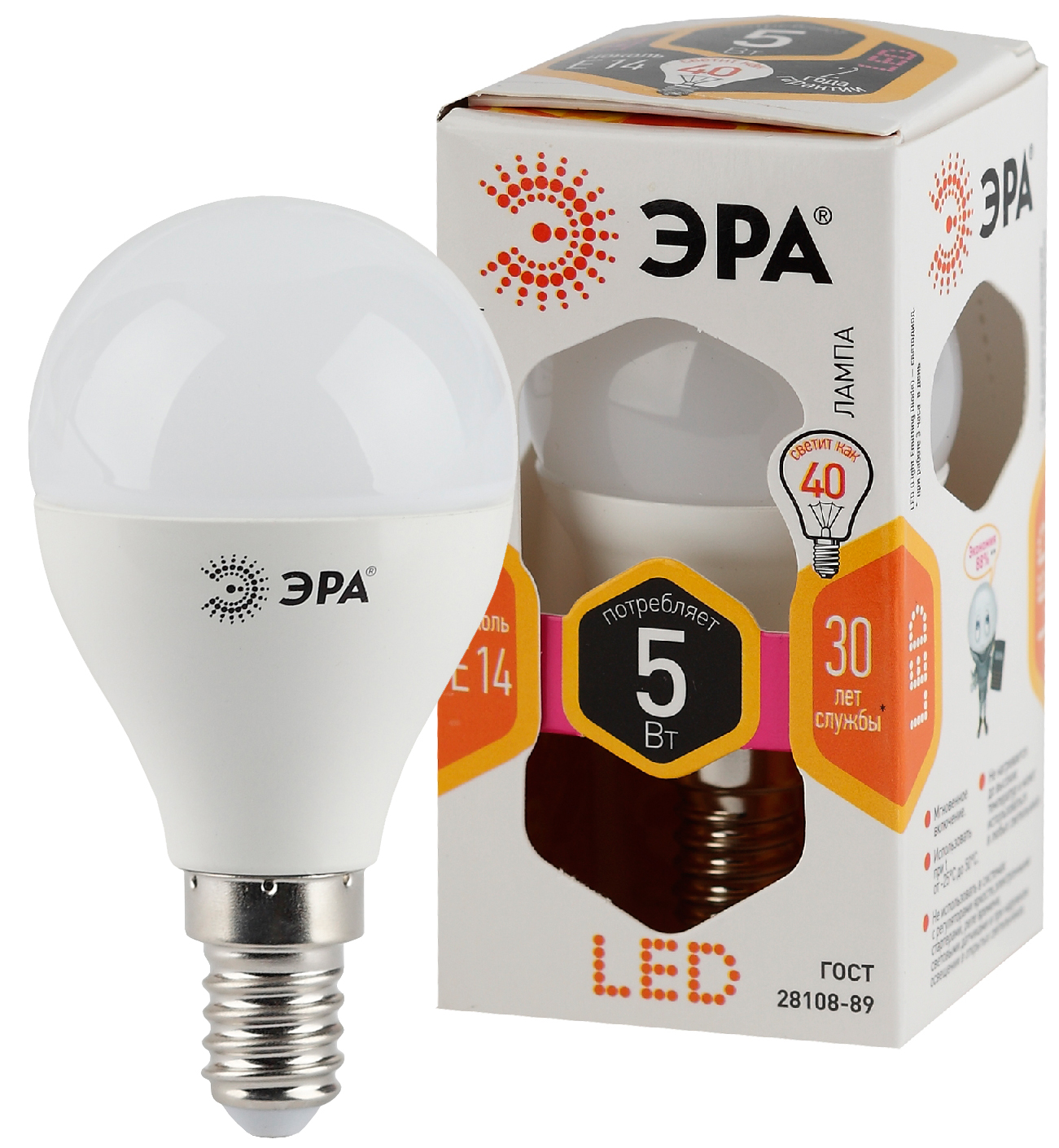 Лампа светодиодная ЭРА STD LED P45-5W-827-E14 5Вт шар теплый белый свет Е14