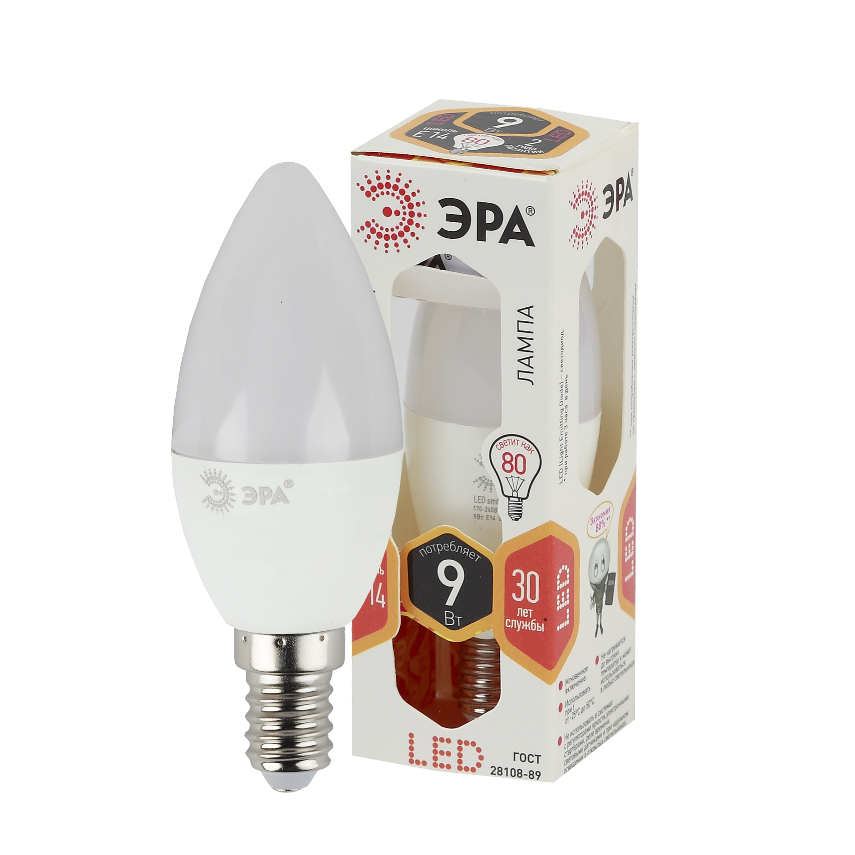 Лампа светодиодная ЭРА STD LED B35-9W-827-E14 9Вт. свеча теплый белый свет Е14