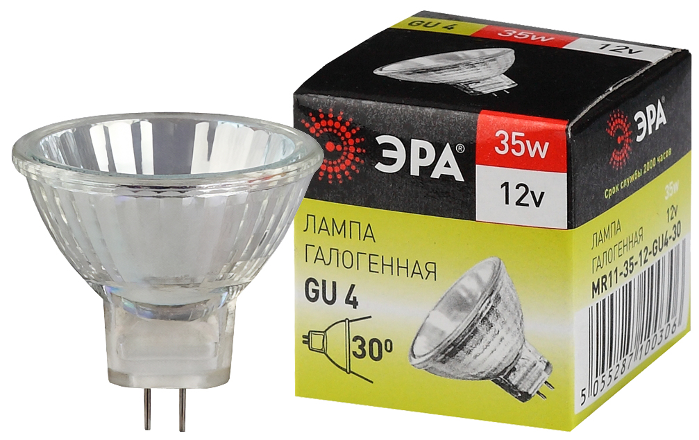 Лампа галогенная ЭРА GU4-MR11-35W-12V-30CL 35Вт софит теплый белый свет GU4