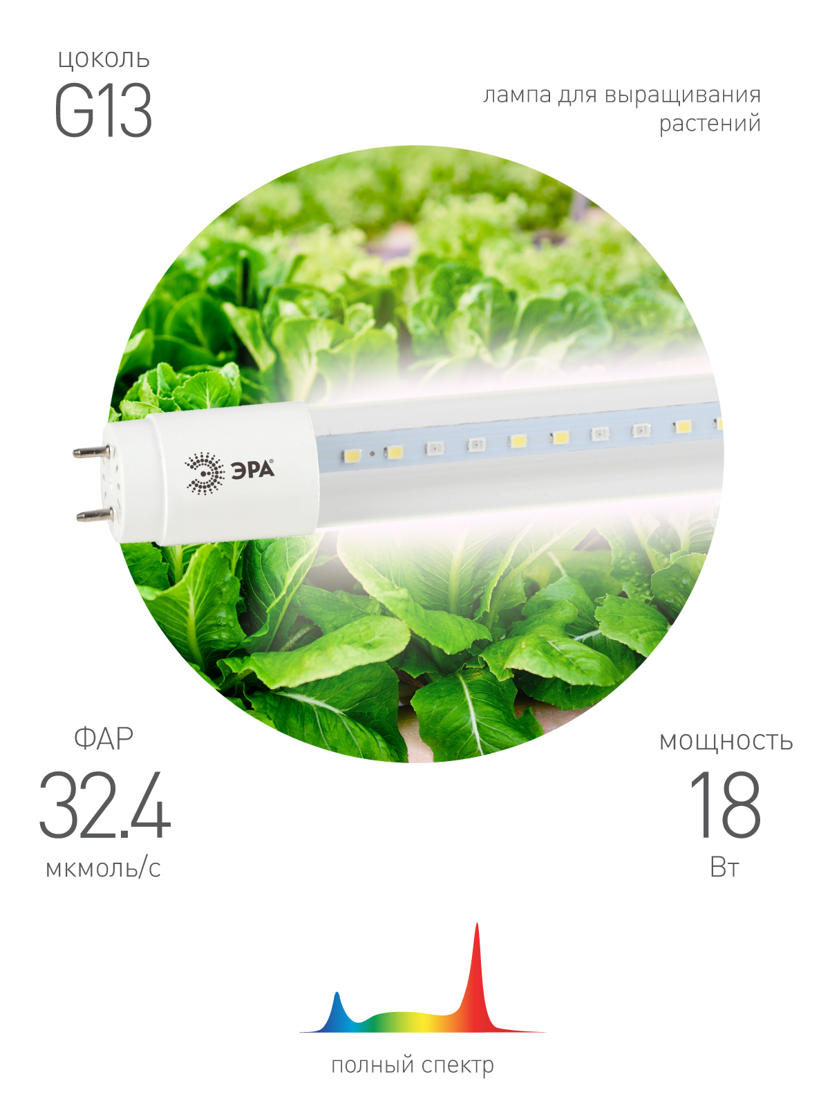 Фитолампа для растений светодиодная ЭРА FITO-18W-Ra90-Т8-G13-NL полного спектра 18 Вт Т8 G13