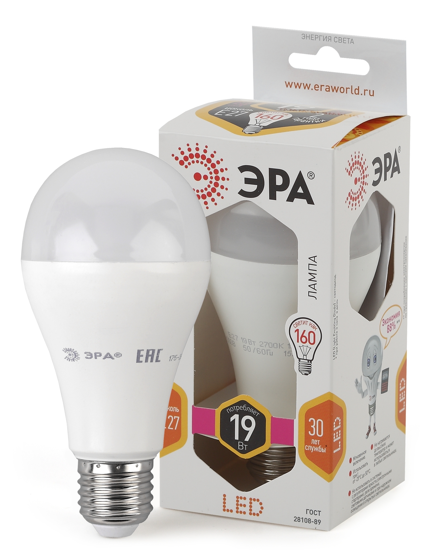 Лампа светодиодная ЭРА STD LED A65-19W-827-E27 19Вт груша теплый белый свет Е27