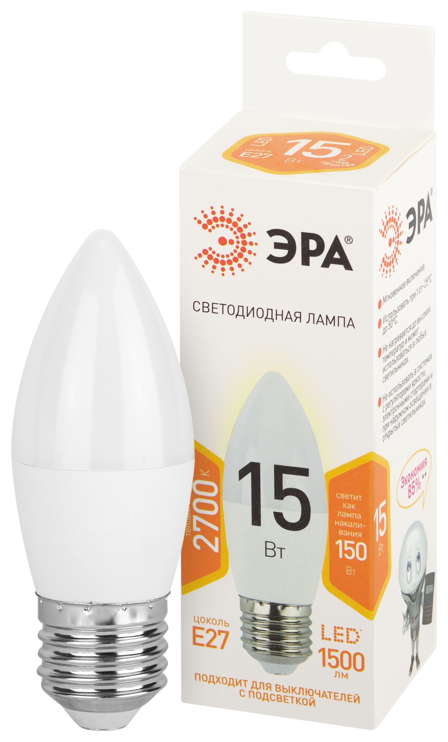Лампа ЭРА LED B35-15W-827-E27 (10/100)