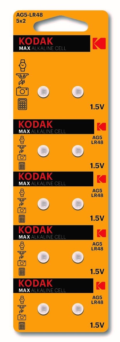 Батарейки Kodak AG5 (393) LR754, LR48 [KAG5-10] MAX Button Cell (100/1000/80000)