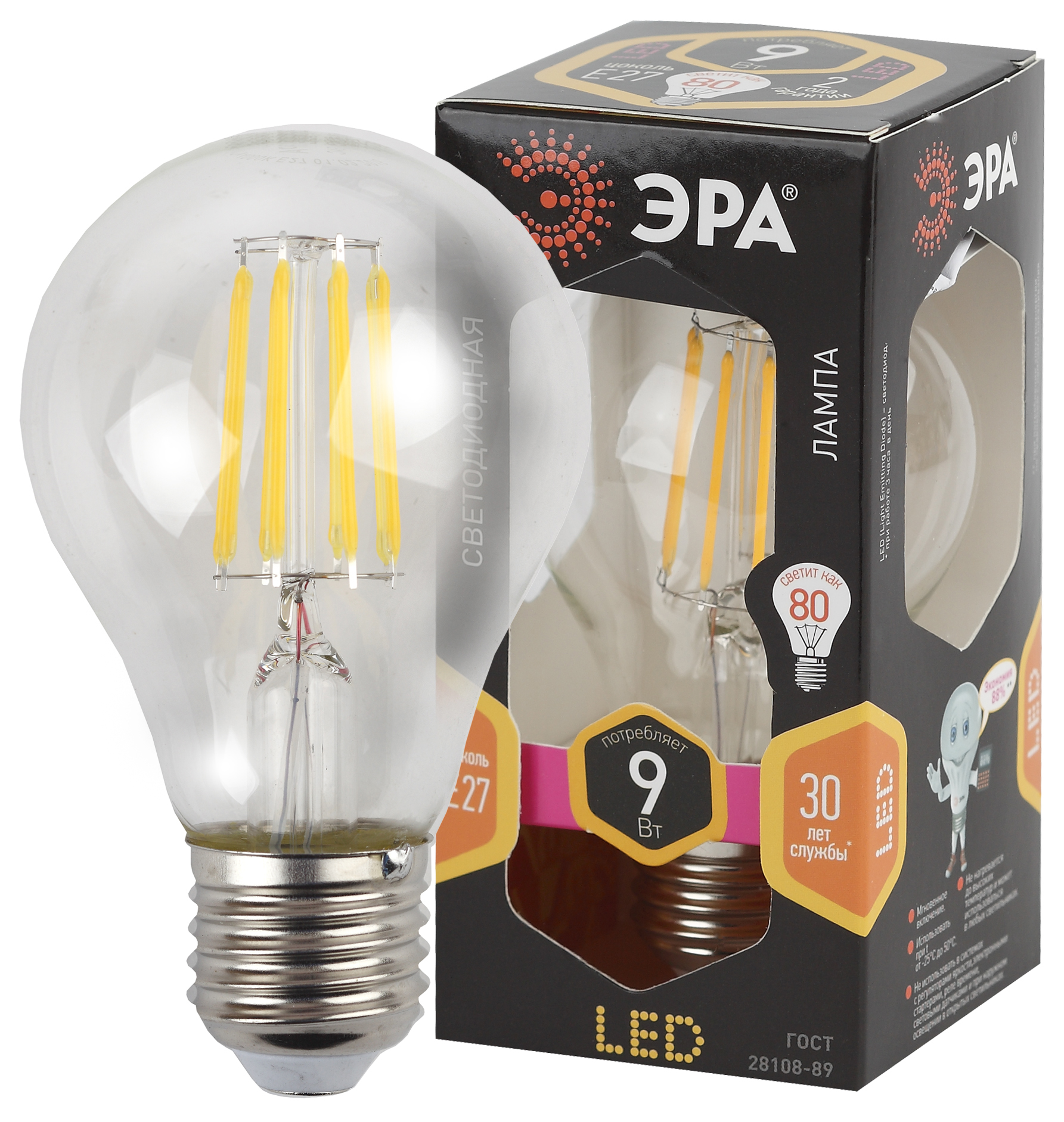 Лампа светодиодная ЭРА F-LED A60-9W-827-E27 9Вт филамент груша теплый белый свет E27