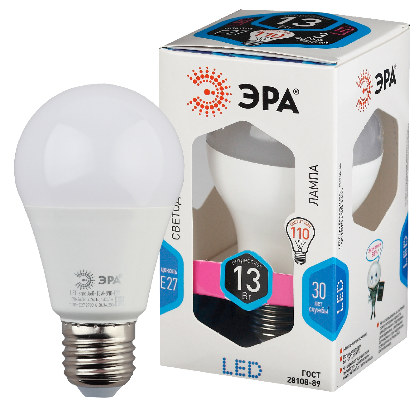 Лампа светодиодная ЭРА STD LED A60-13W-840-E27 13Вт груша нейтральный белый свет Е27