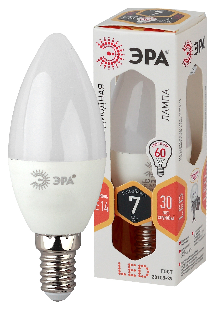 Лампа светодиодная ЭРА STD LED B35-7W-827-E14 7Вт свеча теплый белый свет Е14