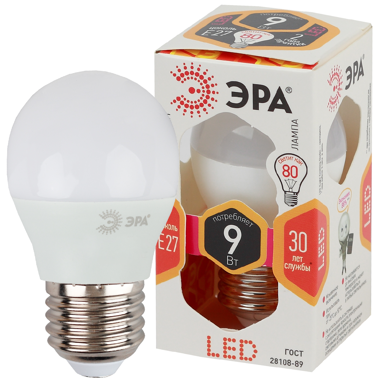 Лампа светодиодная ЭРА STD LED P45-9W-827-E27 9Вт шар теплый белый свет Е27