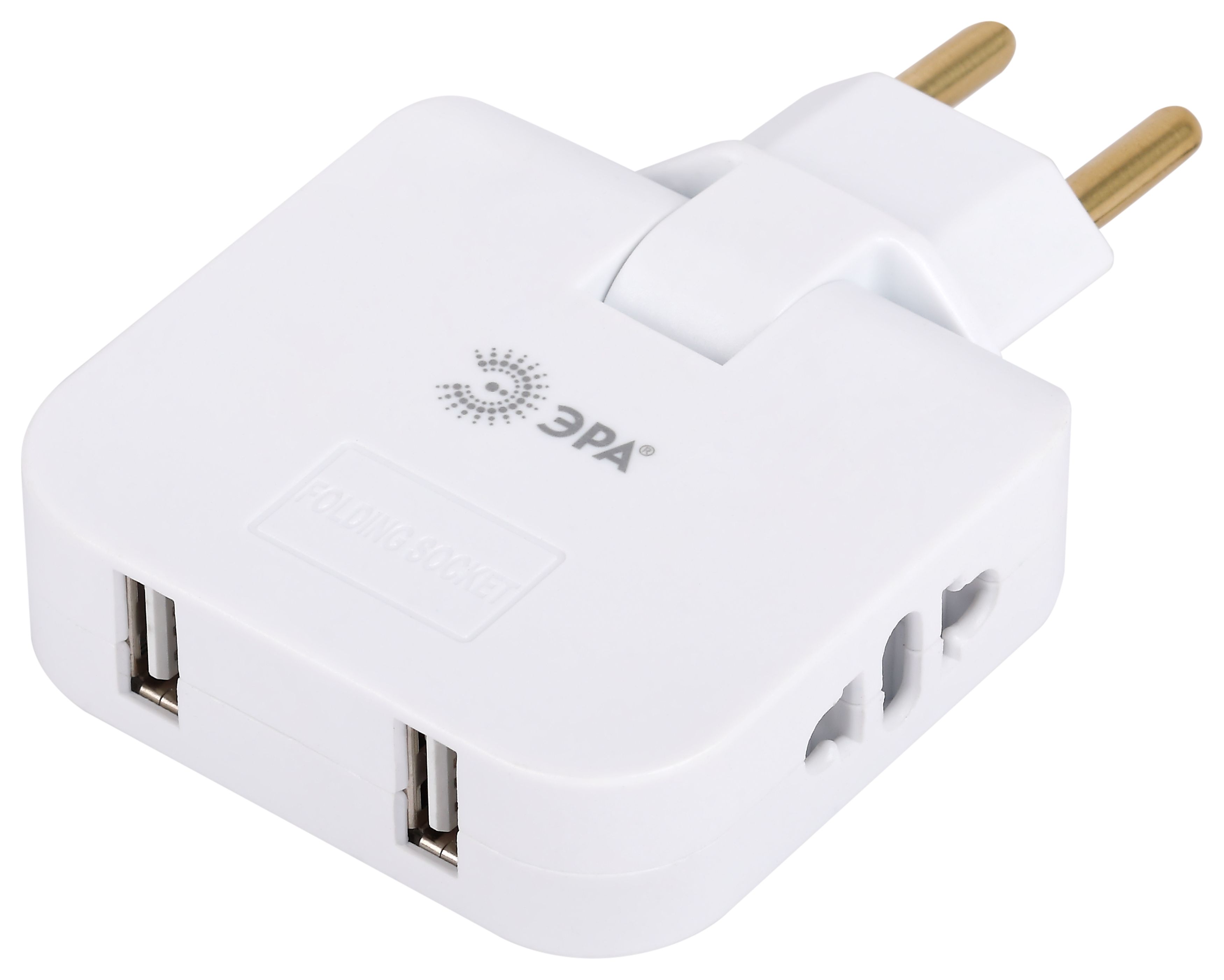 Разветвитель электрический ЭРА SPF-2-FL-USB поворотный на 2 розетки + 2USB 10А белый