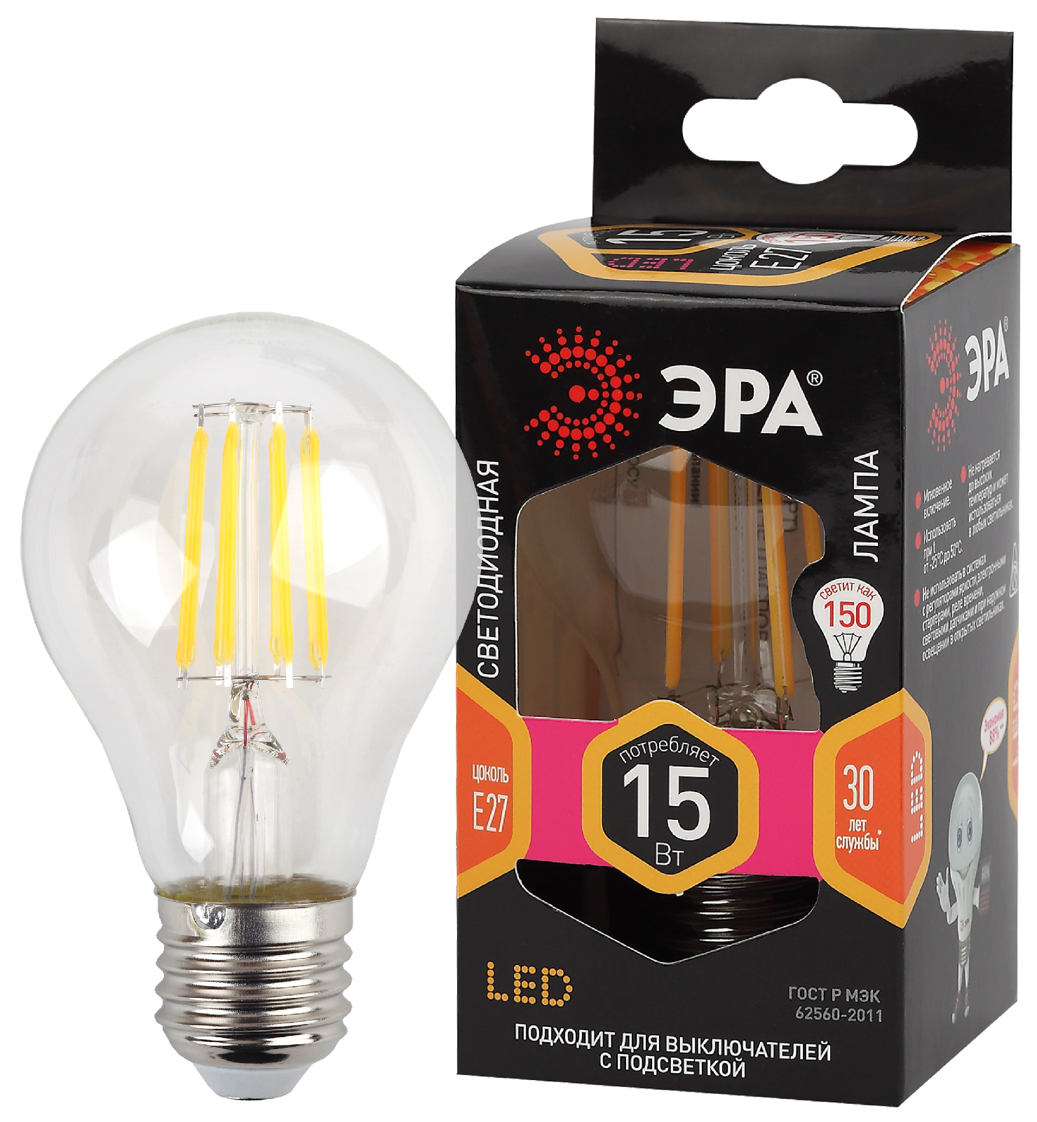 Лампа светодиодная ЭРА F-LED A60-15W-827-E27 15Вт филамент груша теплый белый свет E27