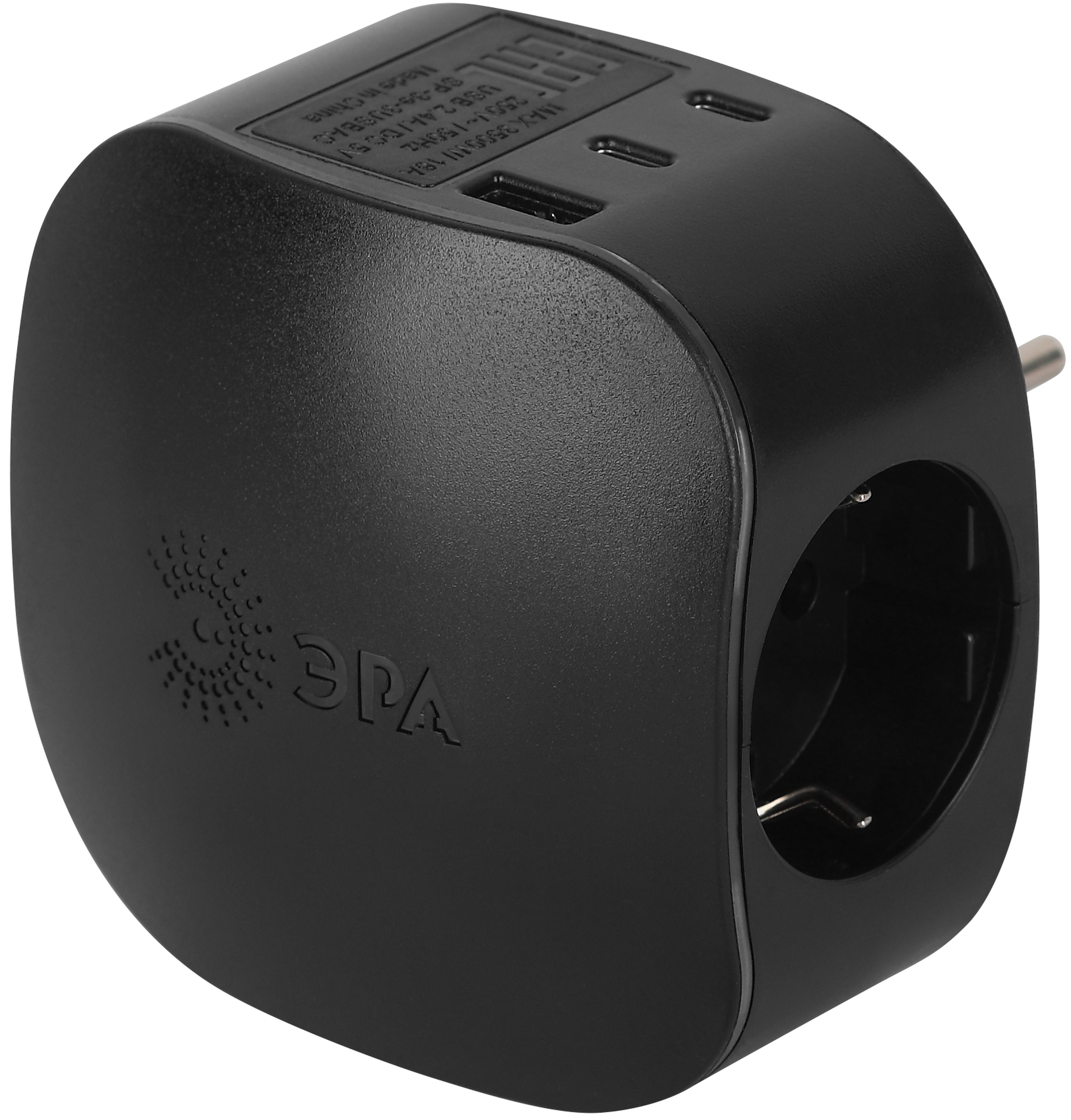 Разветвитель электрический ЭРА SP-3e-3USBAC-B на 3 розетки + 3 USB A+C с заземлением со шторками 16А черный