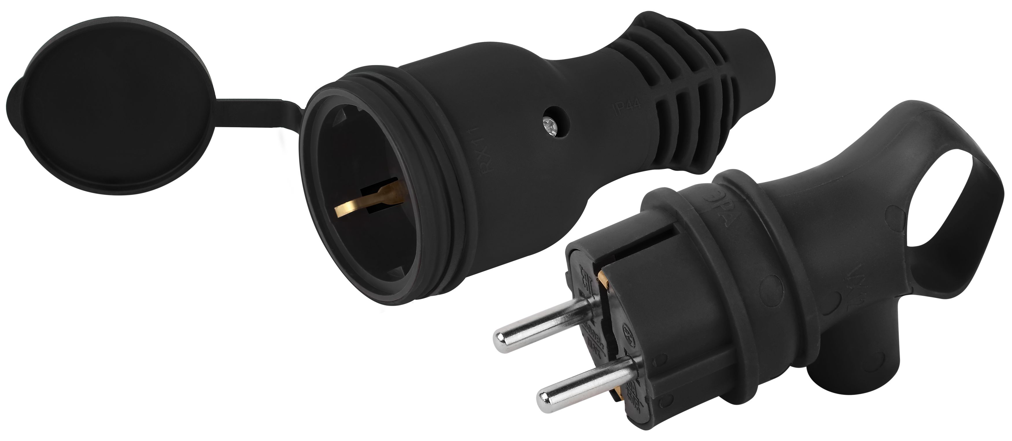 Набор вилка+розетка ЭРА VX12-B-IP44 + RX11-B-IP44 каучуковые c заземлением 16А IP44 с кольцом угловая черная