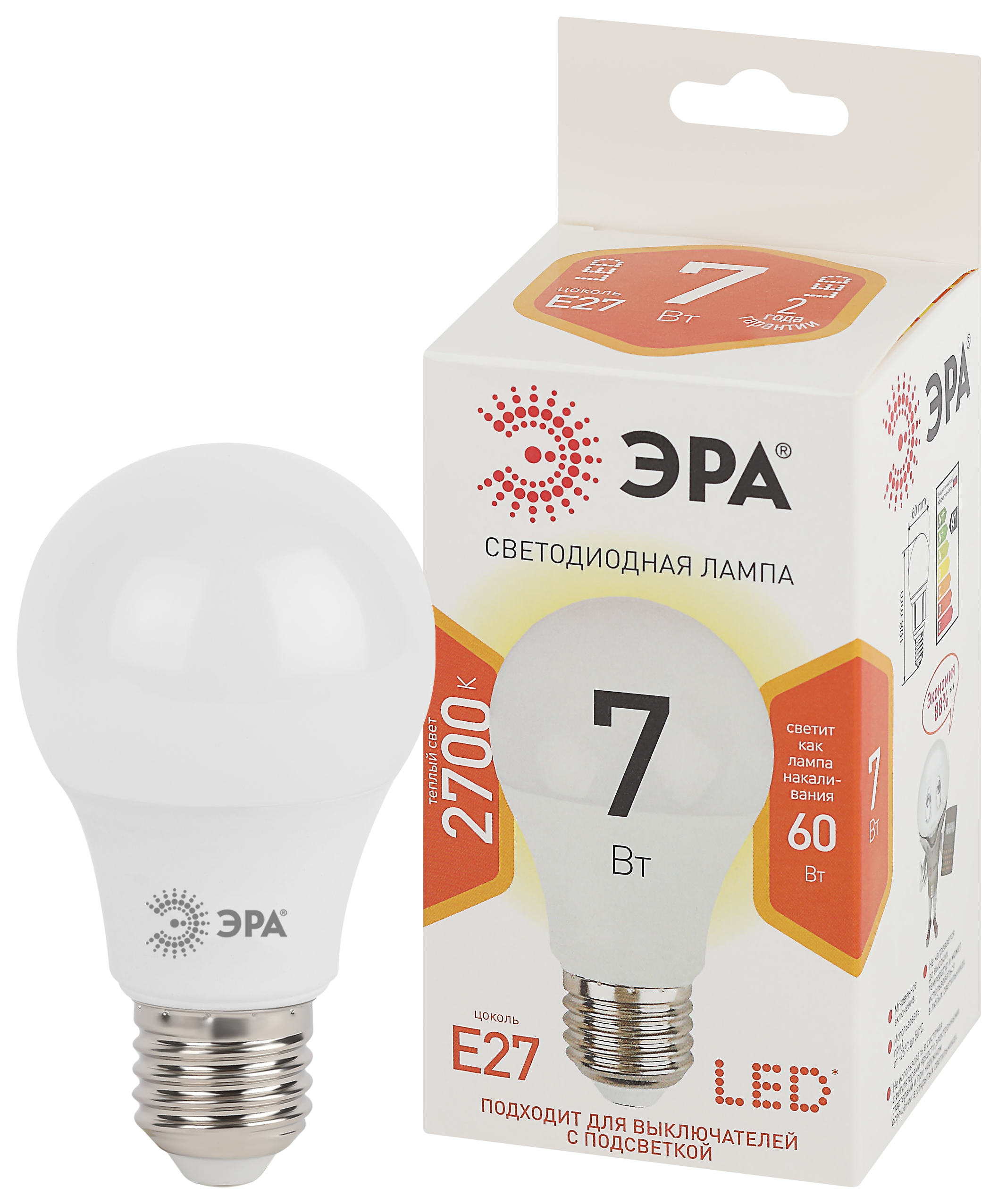 Лампа ЭРА LED A60-7W-827-E27 (10/100)
