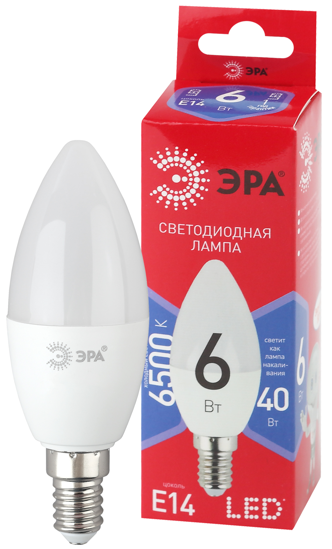 Лампа светодиодная ЭРА RED LINE LED B35-6W-865-E14 R 6Вт свеча холодный дневной свет Е14