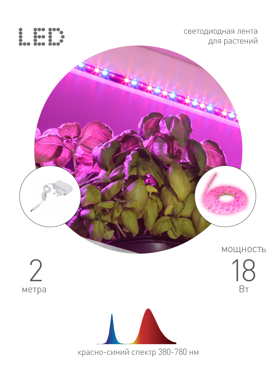 Светодиодная лента для растений ЭРА FITO-Strip Light-RB-2m красно-синего спектра, 2 м, IP65 с адаптером 12V в комплекте