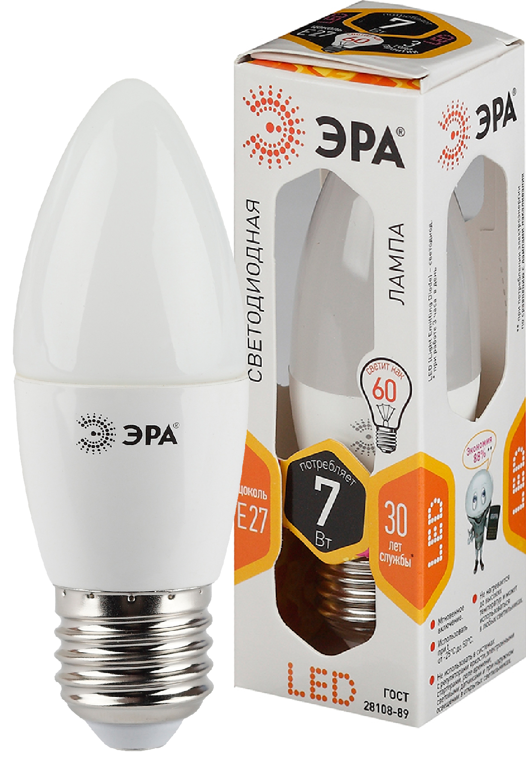 Лампа светодиодная ЭРА STD LED B35-7W-827-E27 7Вт свеча теплый белый свет Е27