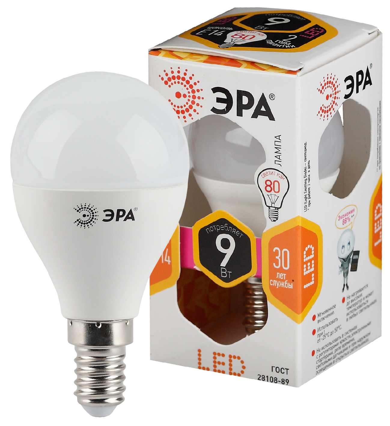 Лампа светодиодная ЭРА STD LED P45-9W-827-E14 9Вт шар теплый белый свет Е14