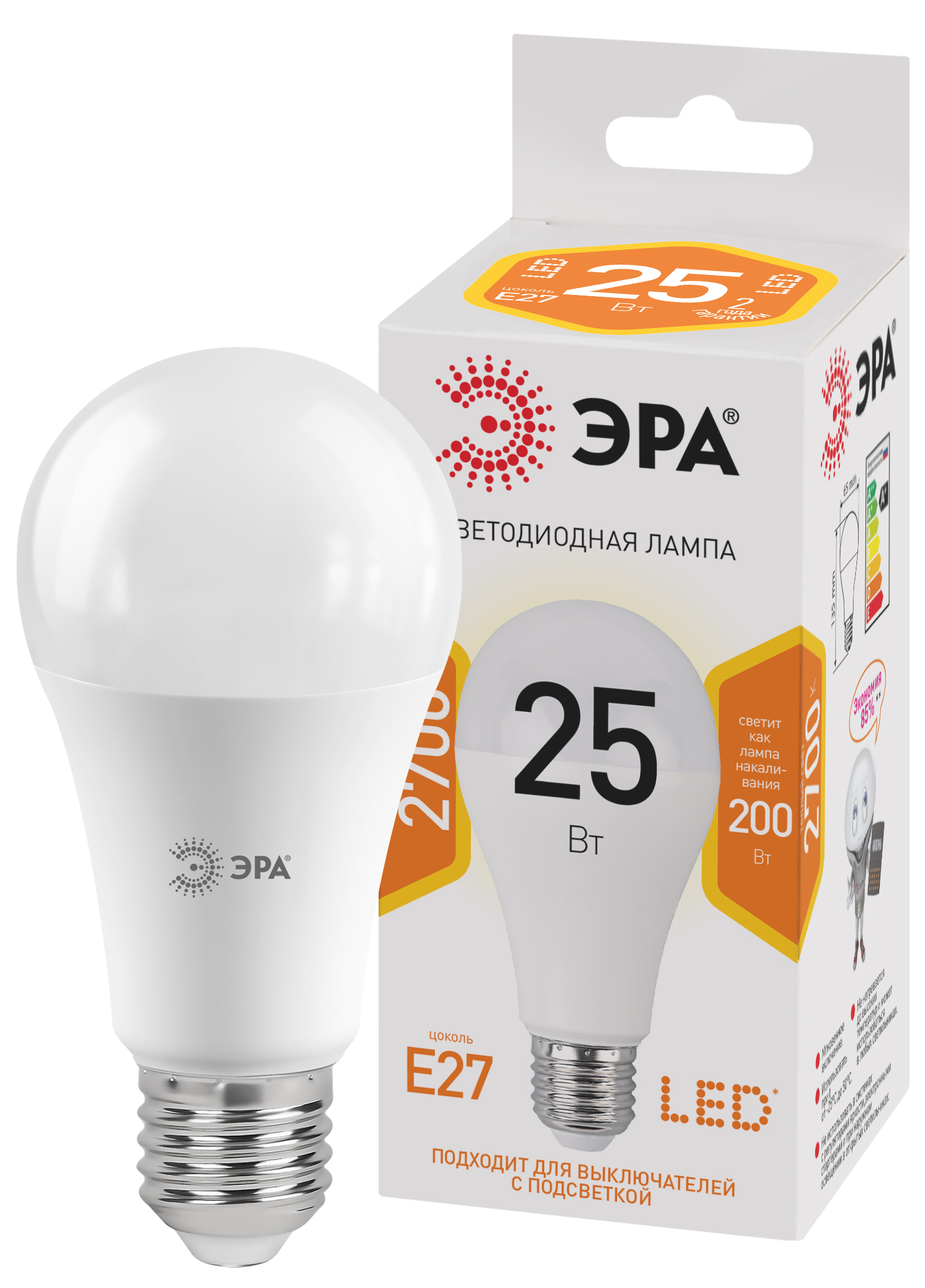 Лампа светодиодная ЭРА STD LED A65-25W-827-E27 25Вт груша теплый белый свет Е27