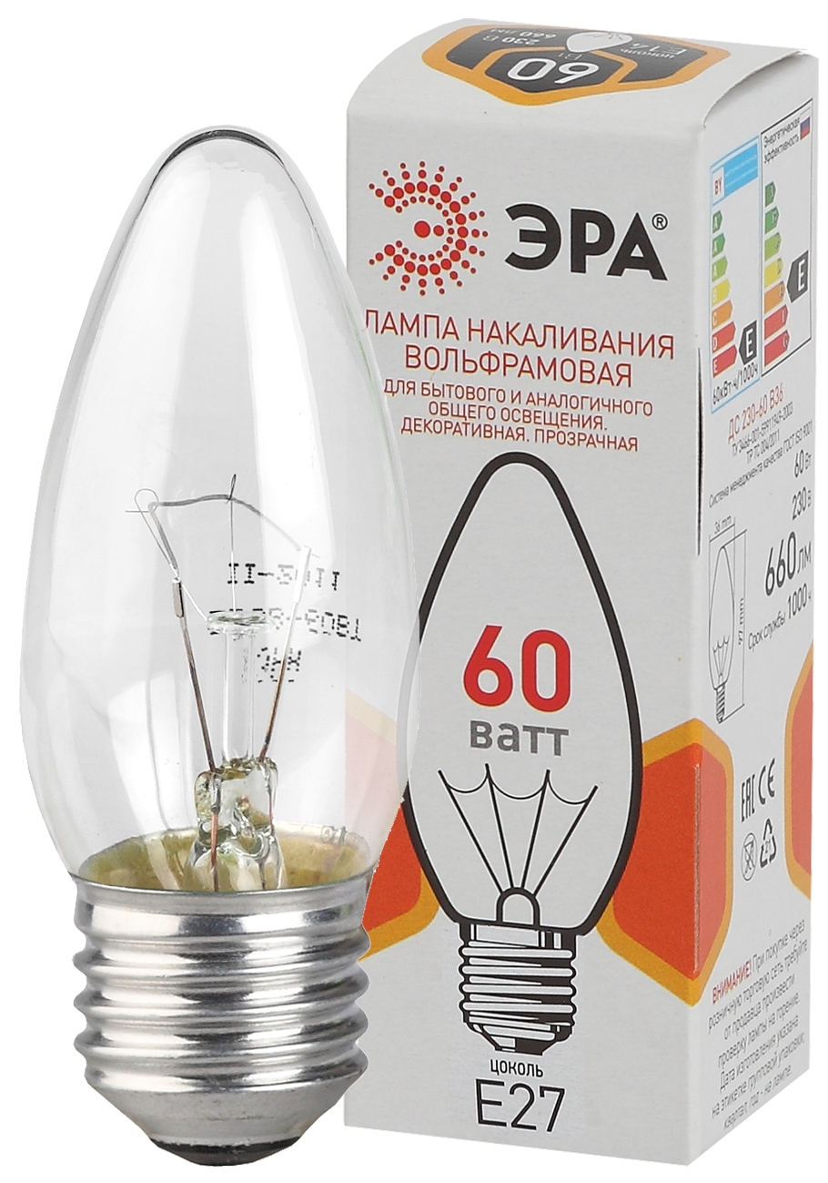 Лампа накаливания ЭРА ДС 230-60-E27-К 60Вт 230В свечка прозрачная цветная упаковка E27