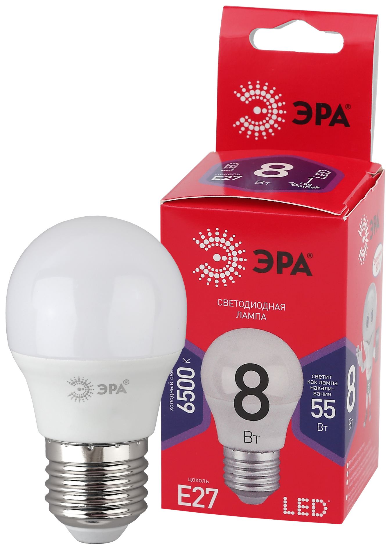 Лампа светодиодная ЭРА RED LINE LED P45-8W-865-E27 R 8Вт шар холодный дневной свет E27