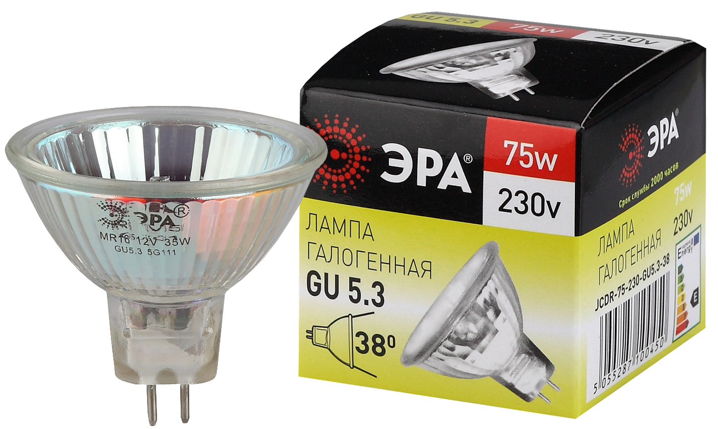 Лампа галогенная ЭРА GU5.3-JCDR(MR16)-75W-230V-CL 75Вт софит теплый белый свет GU5.3