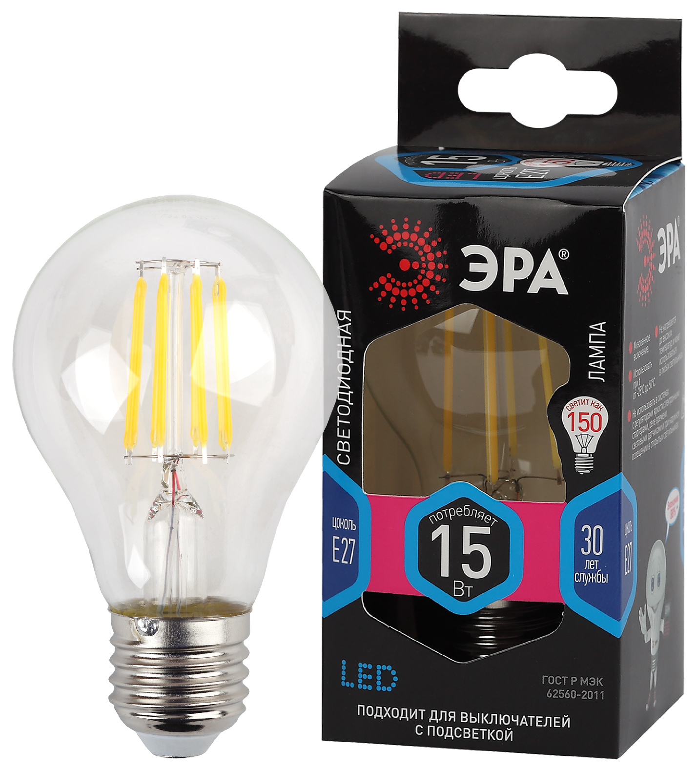 Лампа светодиодная ЭРА F-LED A60-15W-840-E27 15Вт филамент груша нейтральный белый свет E27