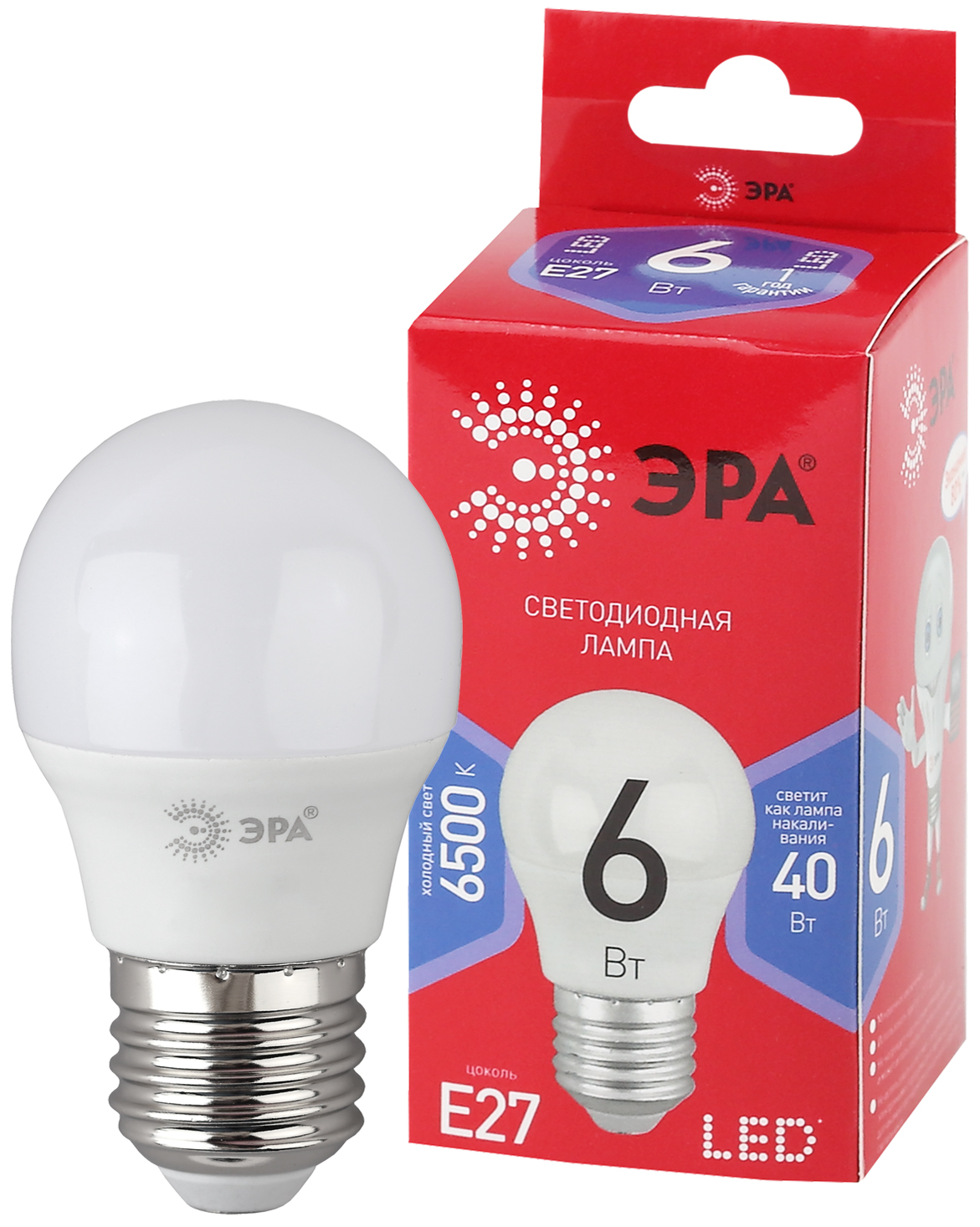 Лампа светодиодная ЭРА RED LINE LED P45-6W-865-E27 R 6Вт шар холодный дневной свет E27